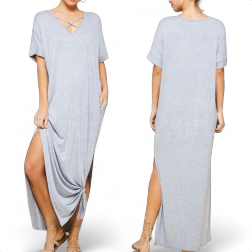Jersey Knit X-Cross V-Neck Side Pockets Maxi Kaftan Dress Gray Women’s Small NWT